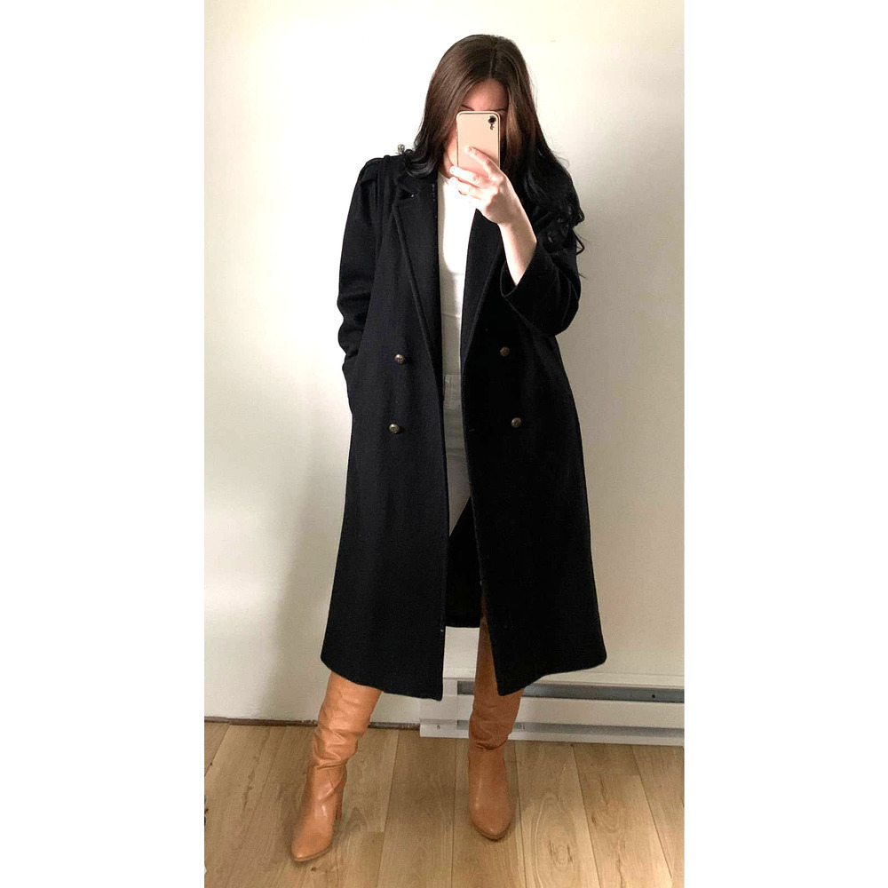 Vintage Black Double Breasted Long Wool Coat Pleated Puff Shoulder sz 8 Petite - Picture 2 of 15